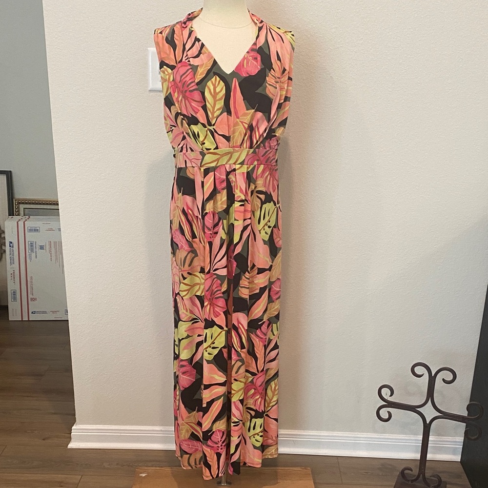Chico's Black, Pink & Green Tropical Leaf Maxi Dress Large